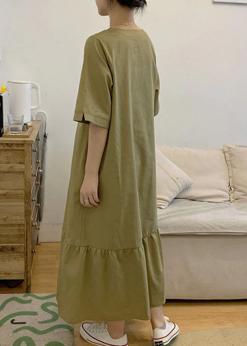 Casual Green V Neck Patchwork Wrinkled Cotton Dress Short Sleeve - Image 5