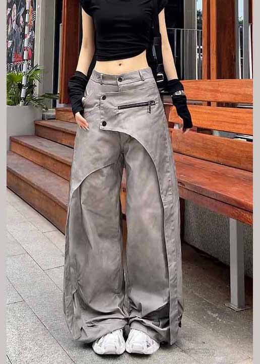 Casual Grey Asymmetrical Pockets Patchwork Cotton Pants Spring - Image 2