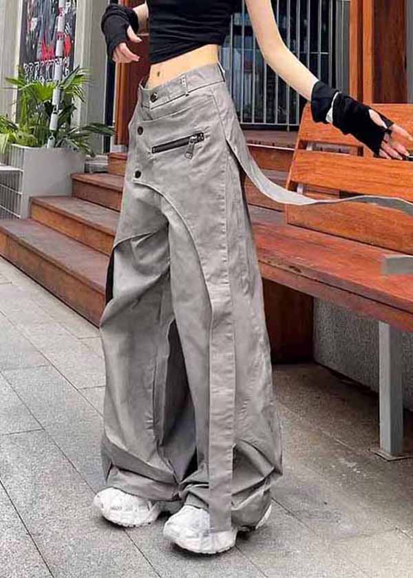 Casual Grey Asymmetrical Pockets Patchwork Cotton Pants Spring - Image 3