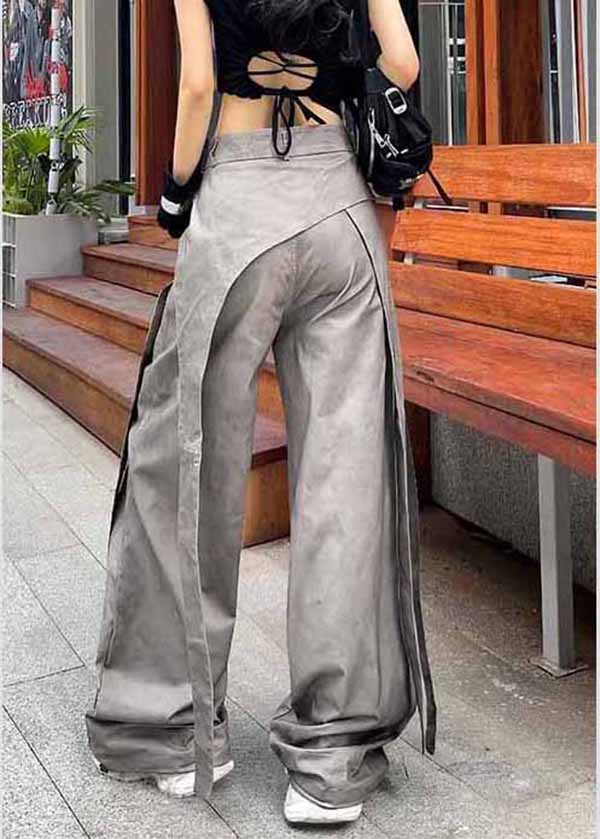 Casual Grey Asymmetrical Pockets Patchwork Cotton Pants Spring - Image 4