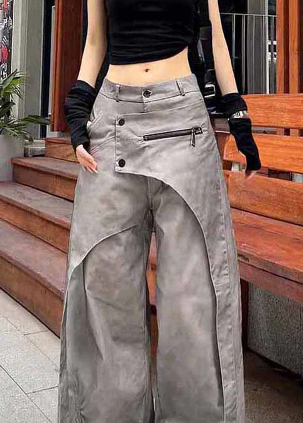 Casual Grey Asymmetrical Pockets Patchwork Cotton Pants Spring - Image 5