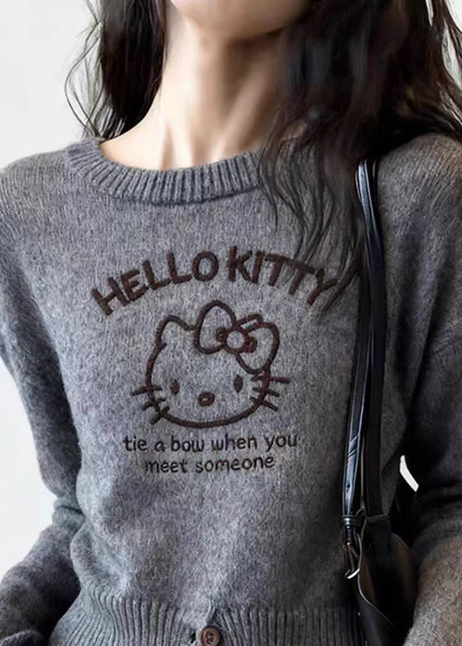Casual Grey Cartoon Print Cotton Knit Sweater Spring - Image 2