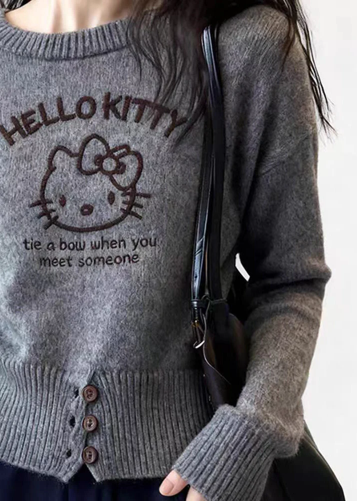 Casual Grey Cartoon Print Cotton Knit Sweater Spring - Image 4