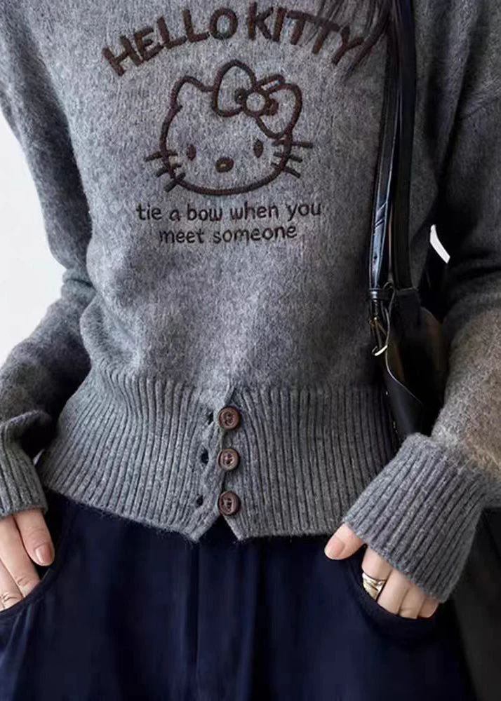 Casual Grey Cartoon Print Cotton Knit Sweater Spring - Image 5