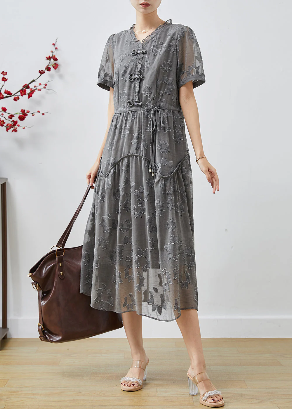 Casual Grey Cinched Jacquard Chiffon Dress Summer - Image 2