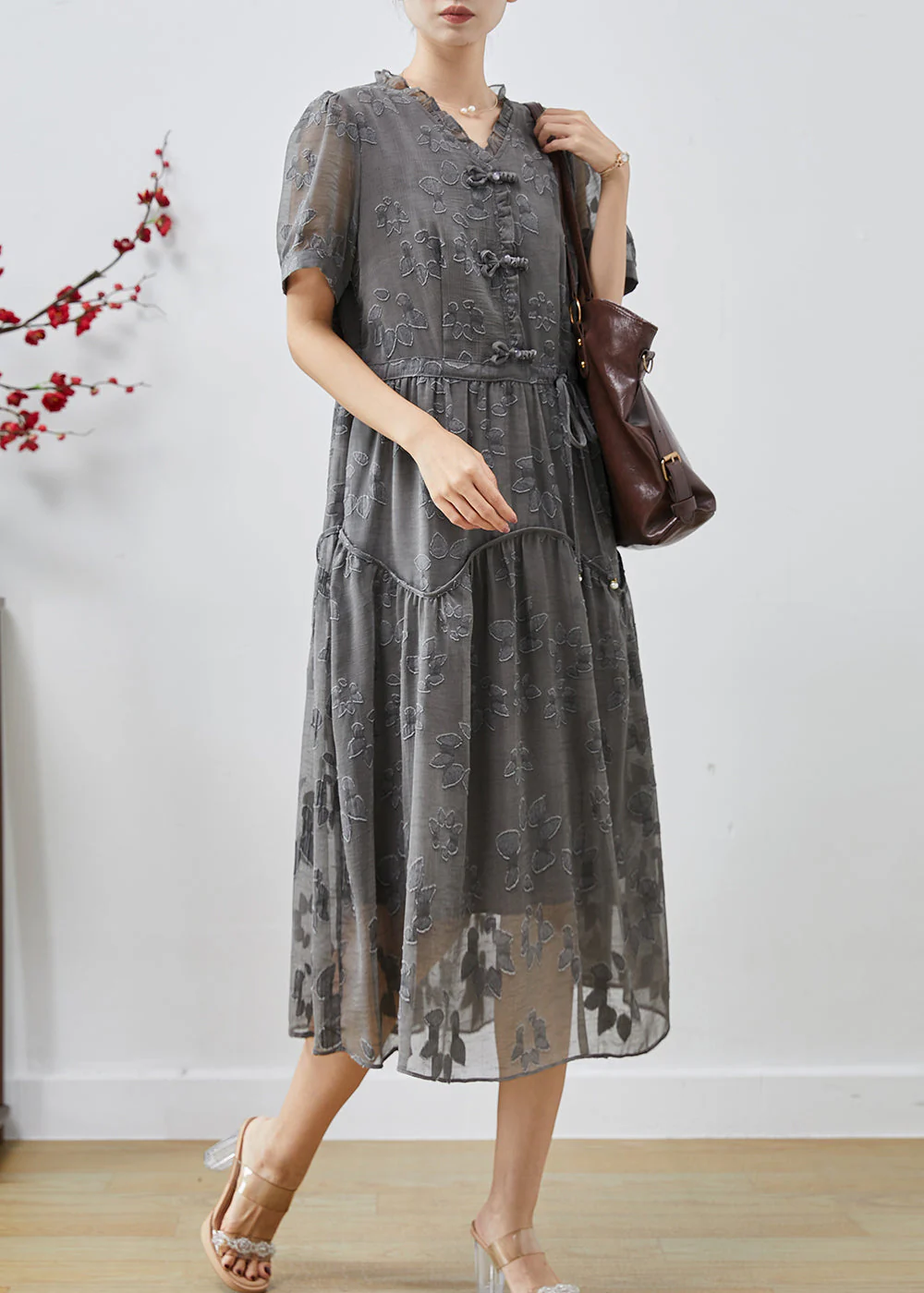 Casual Grey Cinched Jacquard Chiffon Dress Summer - Image 3