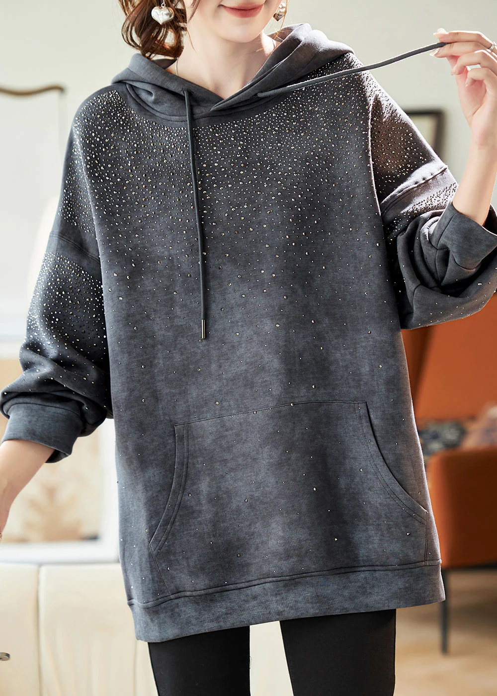 Casual Grey Drawstring Zircon Pockets Hooded Sweatshirts Lantern Sleeve - Image 2