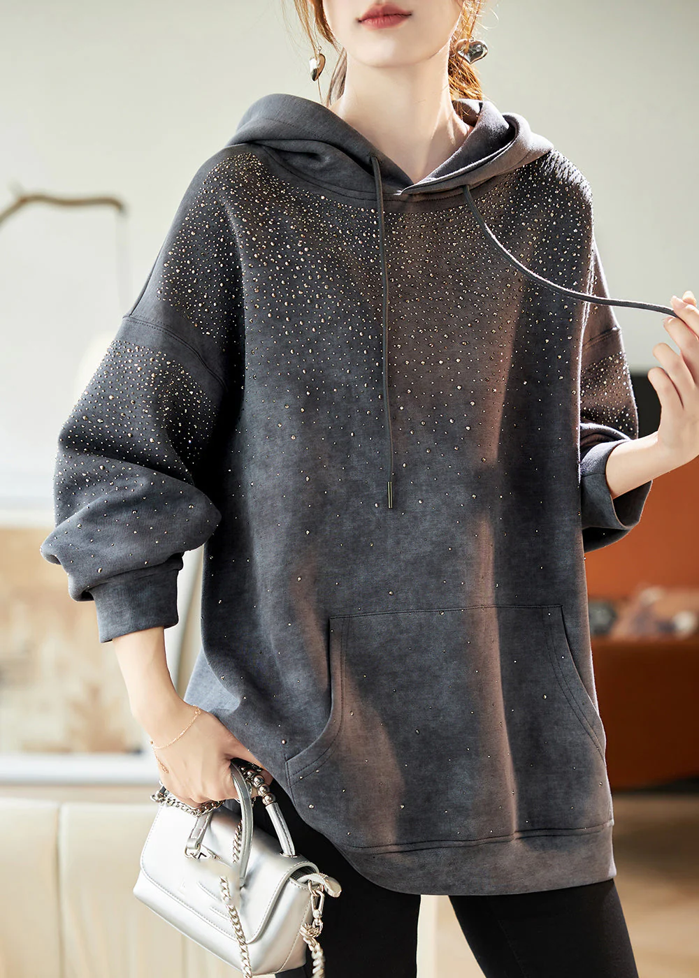 Casual Grey Drawstring Zircon Pockets Hooded Sweatshirts Lantern Sleeve - Image 3
