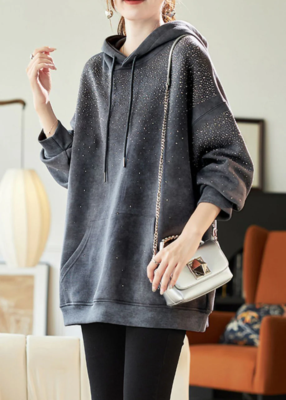 Casual Grey Drawstring Zircon Pockets Hooded Sweatshirts Lantern Sleeve - Image 4