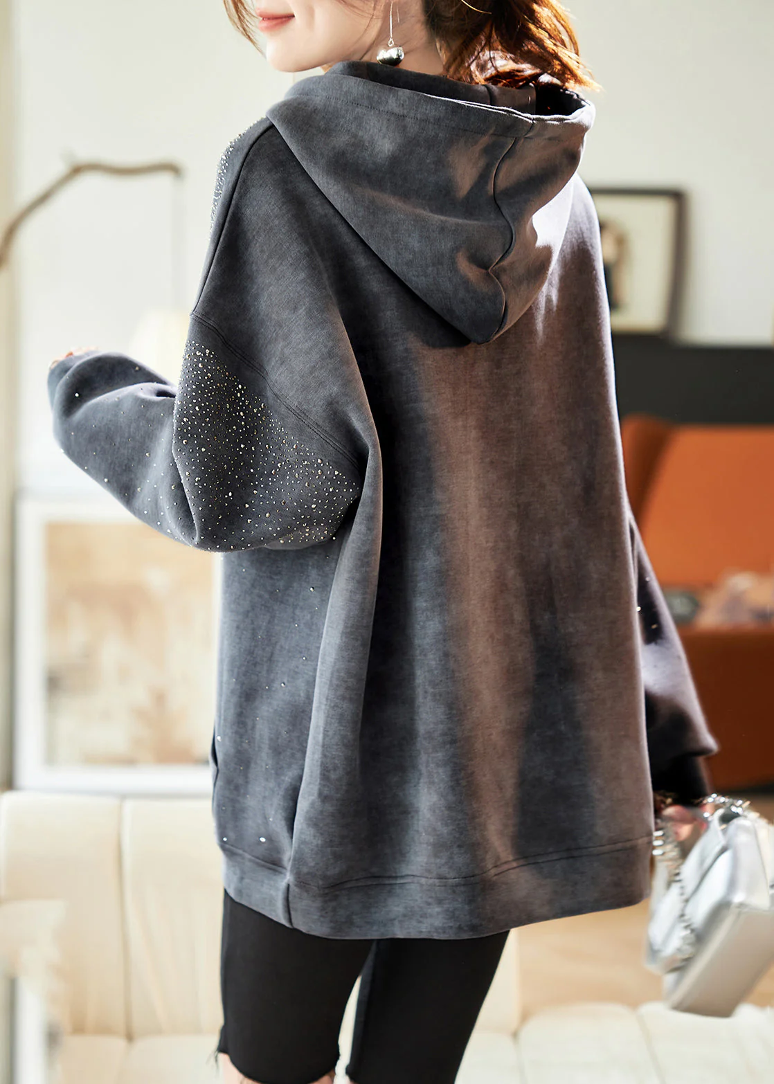 Casual Grey Drawstring Zircon Pockets Hooded Sweatshirts Lantern Sleeve - Image 5