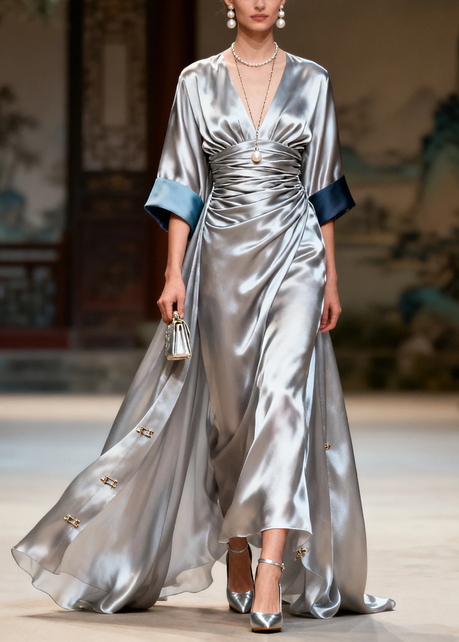 Casual Grey Exra Large Hem Wrinkled Silk Party Dresses Summer - Image 5