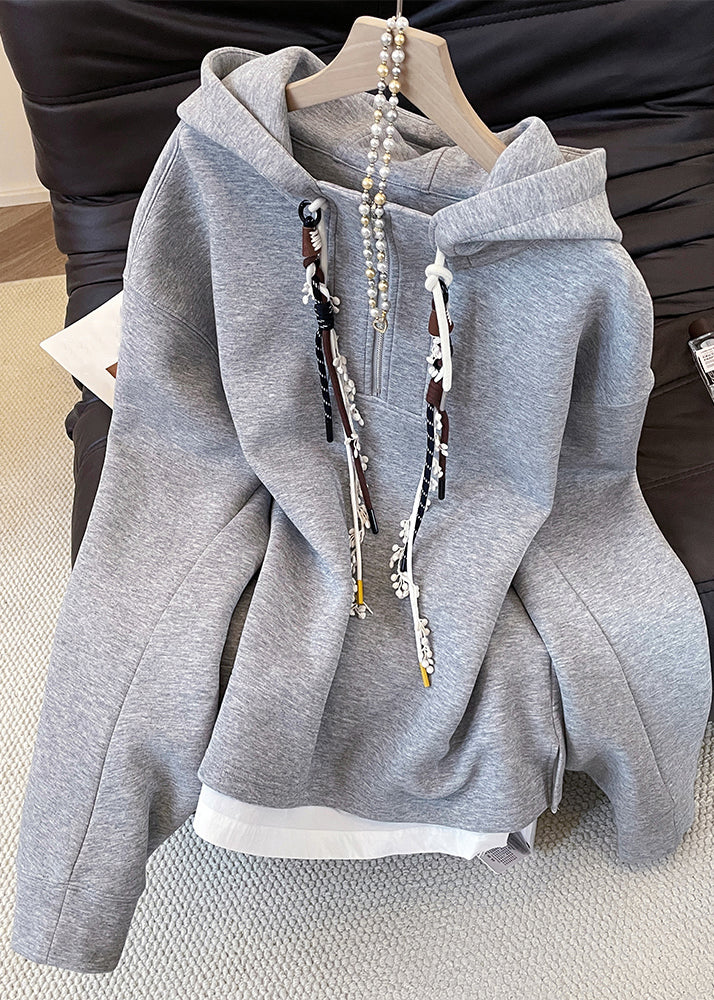 Casual Grey Hooded Zippered False Two Pieces Cotton Sweatshirts Top Fall - Image 3