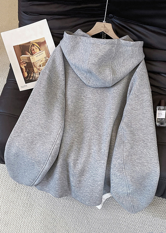 Casual Grey Hooded Zippered False Two Pieces Cotton Sweatshirts Top Fall - Image 4