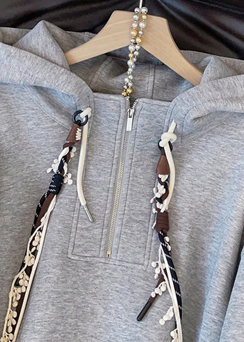 Casual Grey Hooded Zippered False Two Pieces Cotton Sweatshirts Top Fall - Image 5