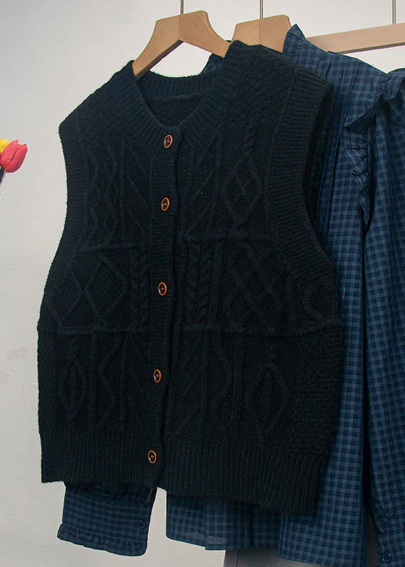 Casual Grey O Neck Button Knit Vest Tops Sleeveless - Image 3
