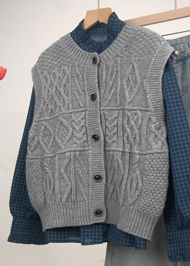 Casual Grey O Neck Button Knit Vest Tops Sleeveless - Image 4