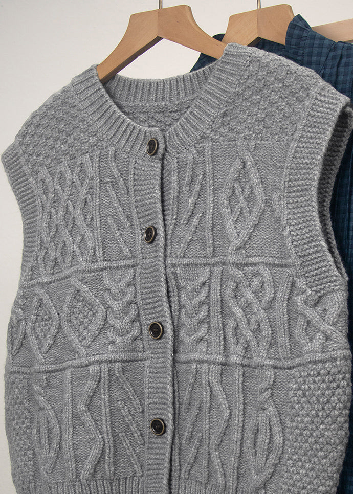 Casual Grey O Neck Button Knit Vest Tops Sleeveless - Image 5