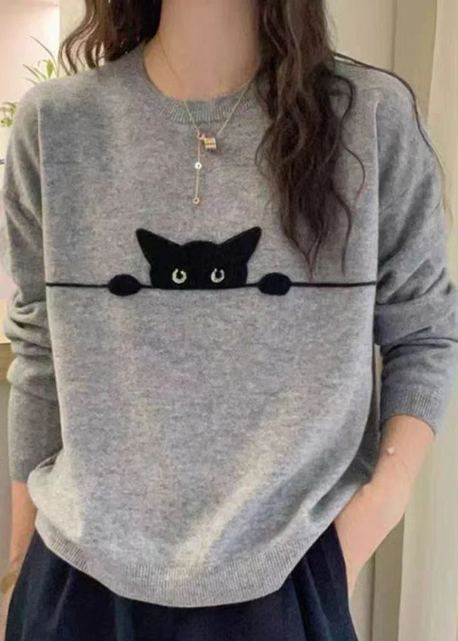Casual Grey O-Neck Embroidered Cotton Knit Sweater Spring - Image 3