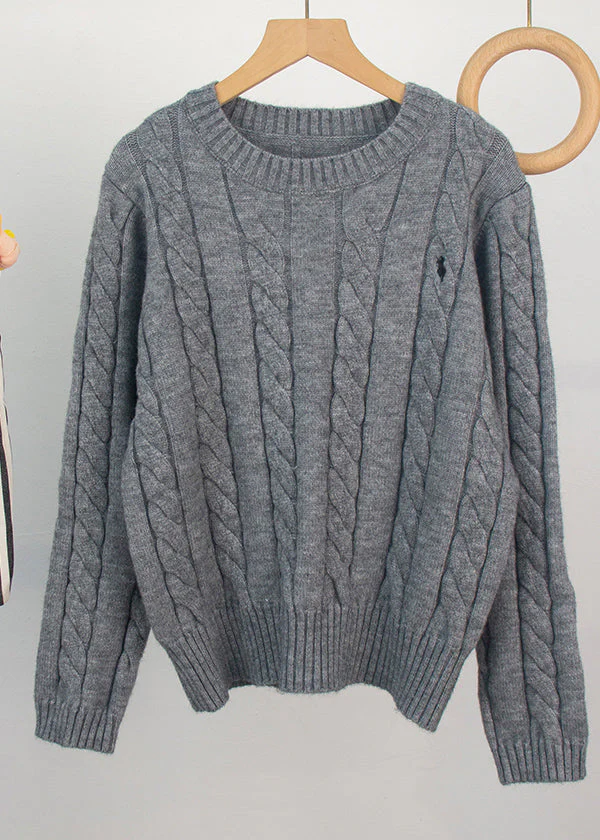 Casual Grey O-Neck Embroidered Knitted Sweaters Spring - Image 5