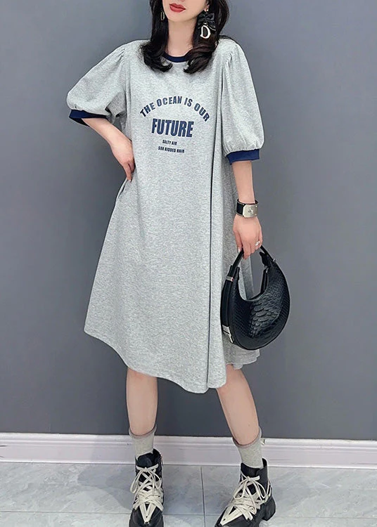Casual Grey O-Neck Graphic Print Maxi Dress Summer - Image 2