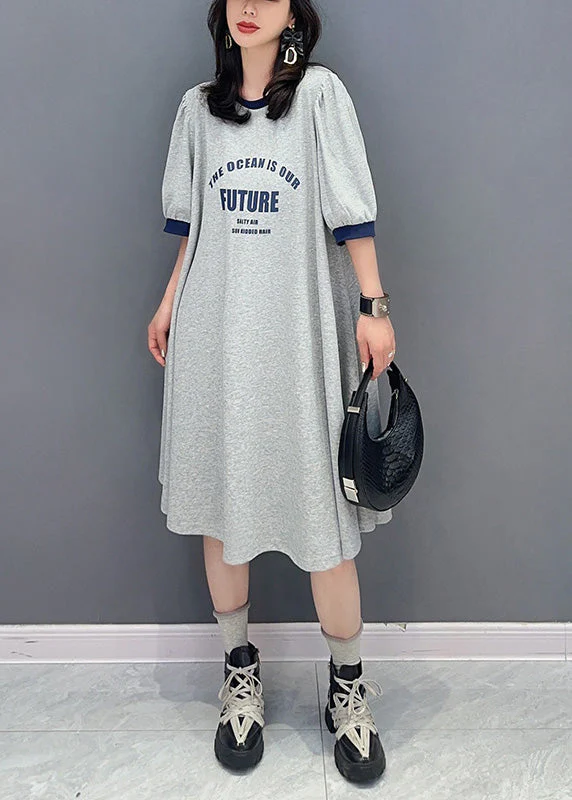 Casual Grey O-Neck Graphic Print Maxi Dress Summer - Image 3