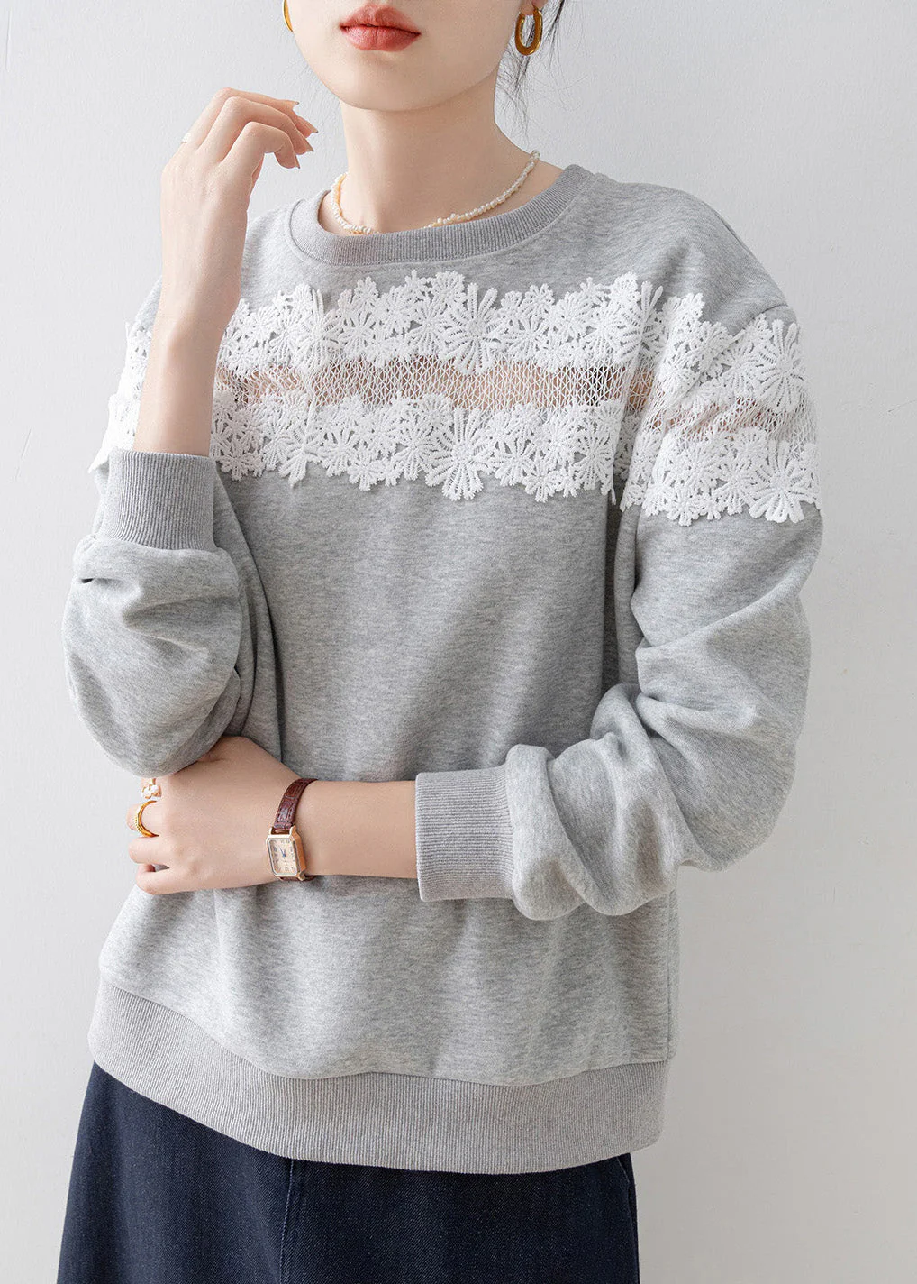 Casual Grey O Neck Lace Patchwork Cotton Sweatshirt Spring - Image 3