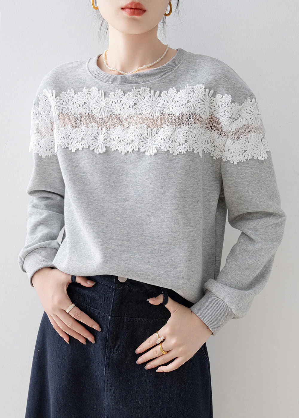 Casual Grey O Neck Lace Patchwork Cotton Sweatshirt Spring - Image 4
