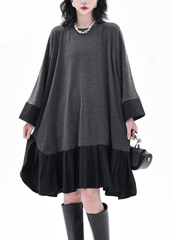 Casual Grey O-Neck Patchwork Long Dress Batwing Sleeve - Image 3