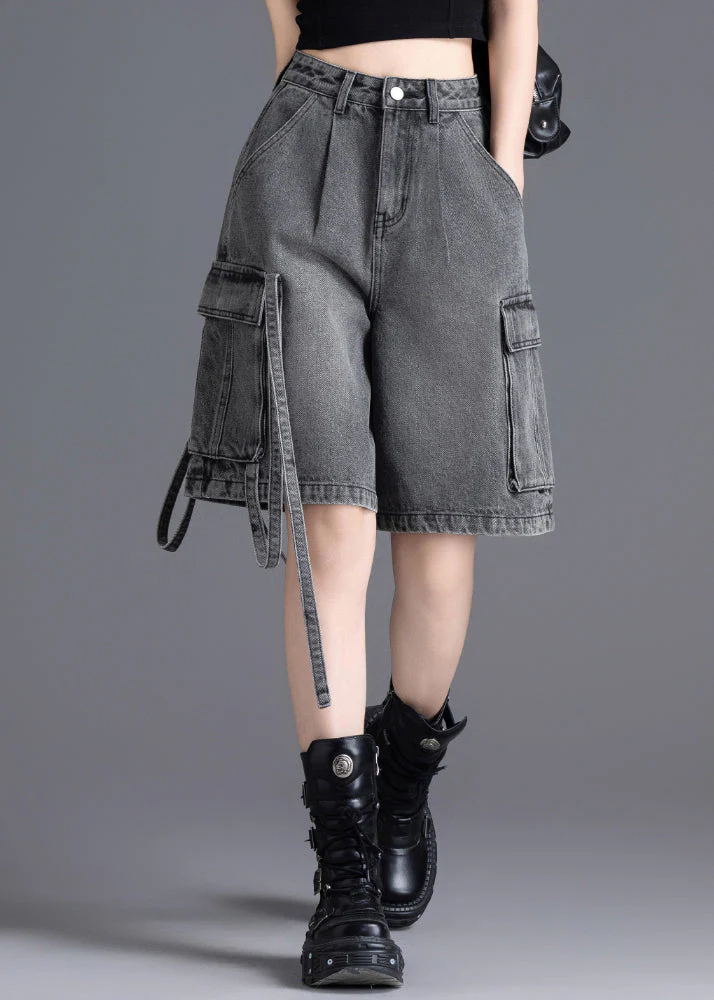 Casual Grey Oversized Pockets Denim Crop Pants Summer - Image 2