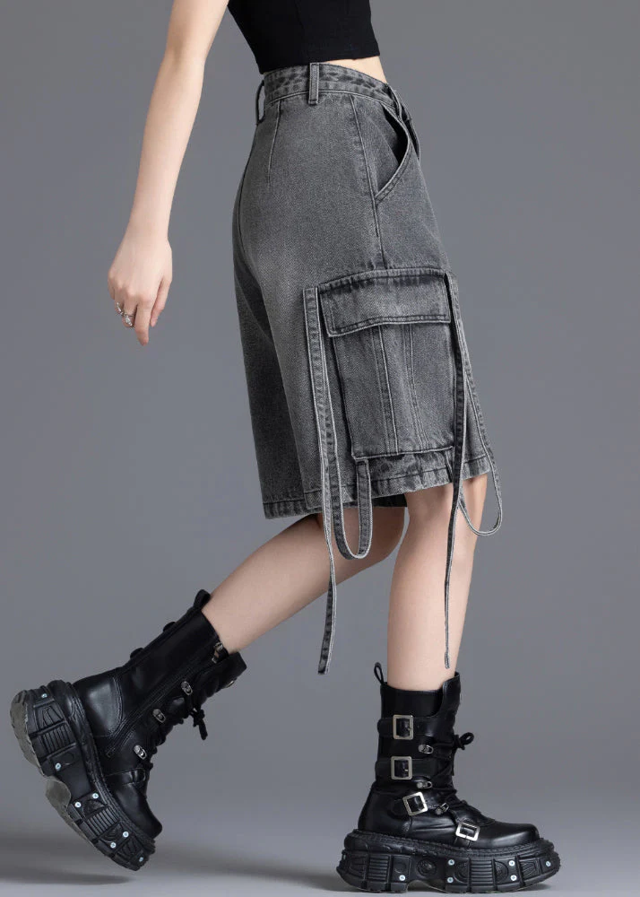 Casual Grey Oversized Pockets Denim Crop Pants Summer - Image 3