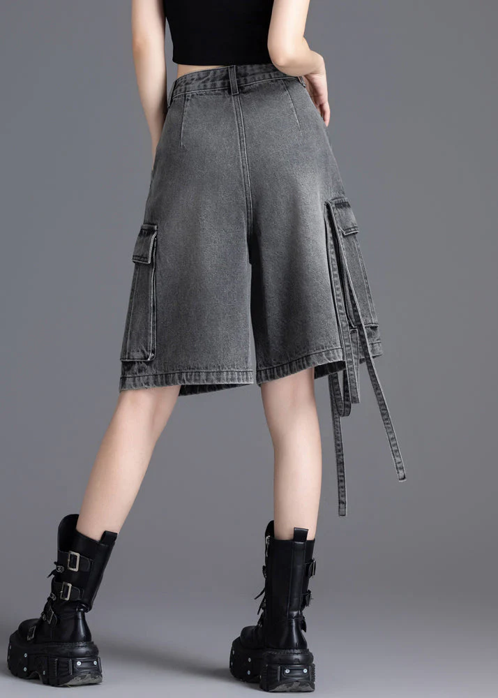 Casual Grey Oversized Pockets Denim Crop Pants Summer - Image 4