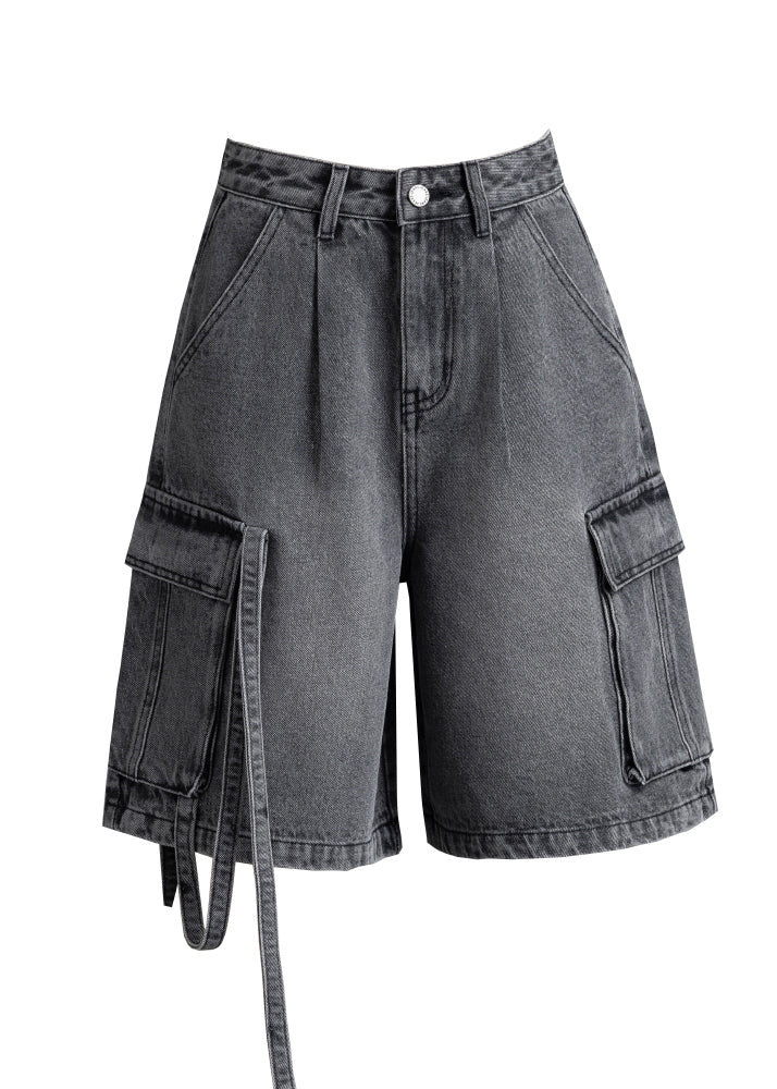 Casual Grey Oversized Pockets Denim Crop Pants Summer - Image 5