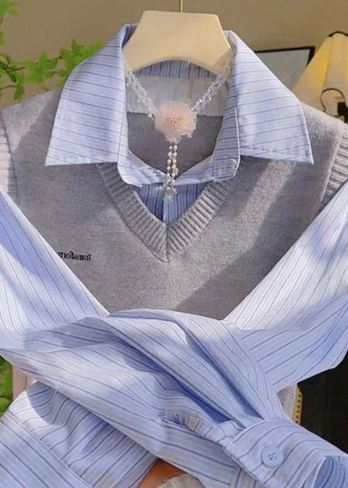 Casual Grey Peter Pan Collar False Two Pieces Patchwork Knit Tops Spring - Image 4