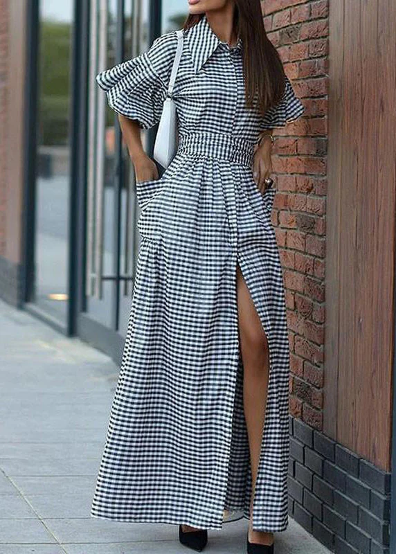 Casual Grey Plaid Tie Waist Long Dresses Summer - Image 2