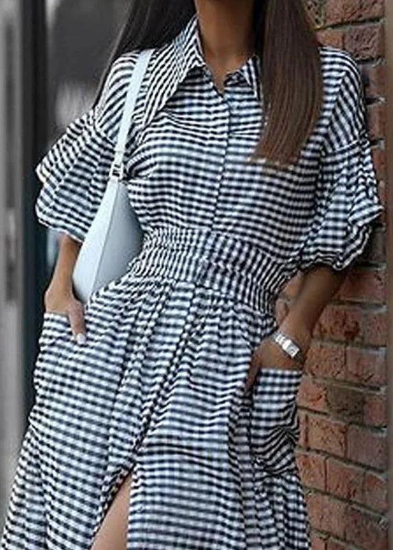 Casual Grey Plaid Tie Waist Long Dresses Summer - Image 3