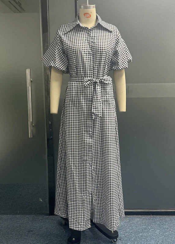 Casual Grey Plaid Tie Waist Long Dresses Summer - Image 4