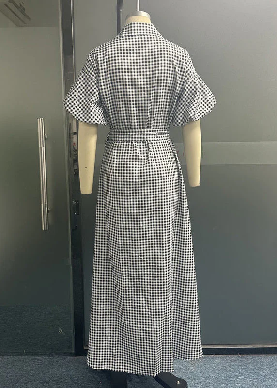 Casual Grey Plaid Tie Waist Long Dresses Summer - Image 5