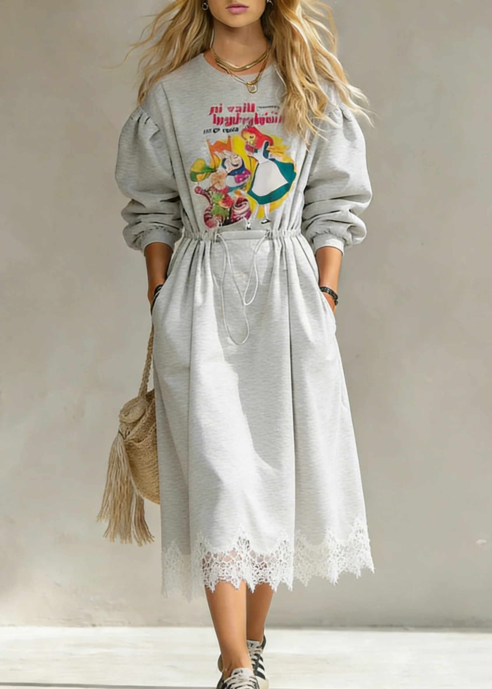 Casual Grey Print Drawstring Lace Patchwork Cotton Sweatshirt Dresses Spring - Image 5