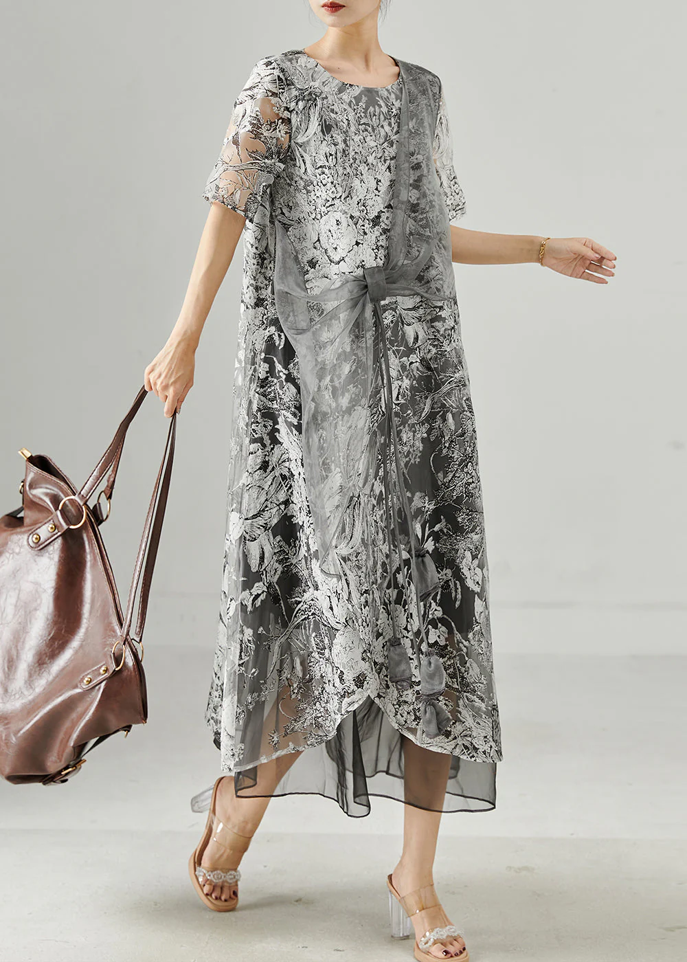 Casual Grey Print Tulle Vacation Dresses Summer - Image 2