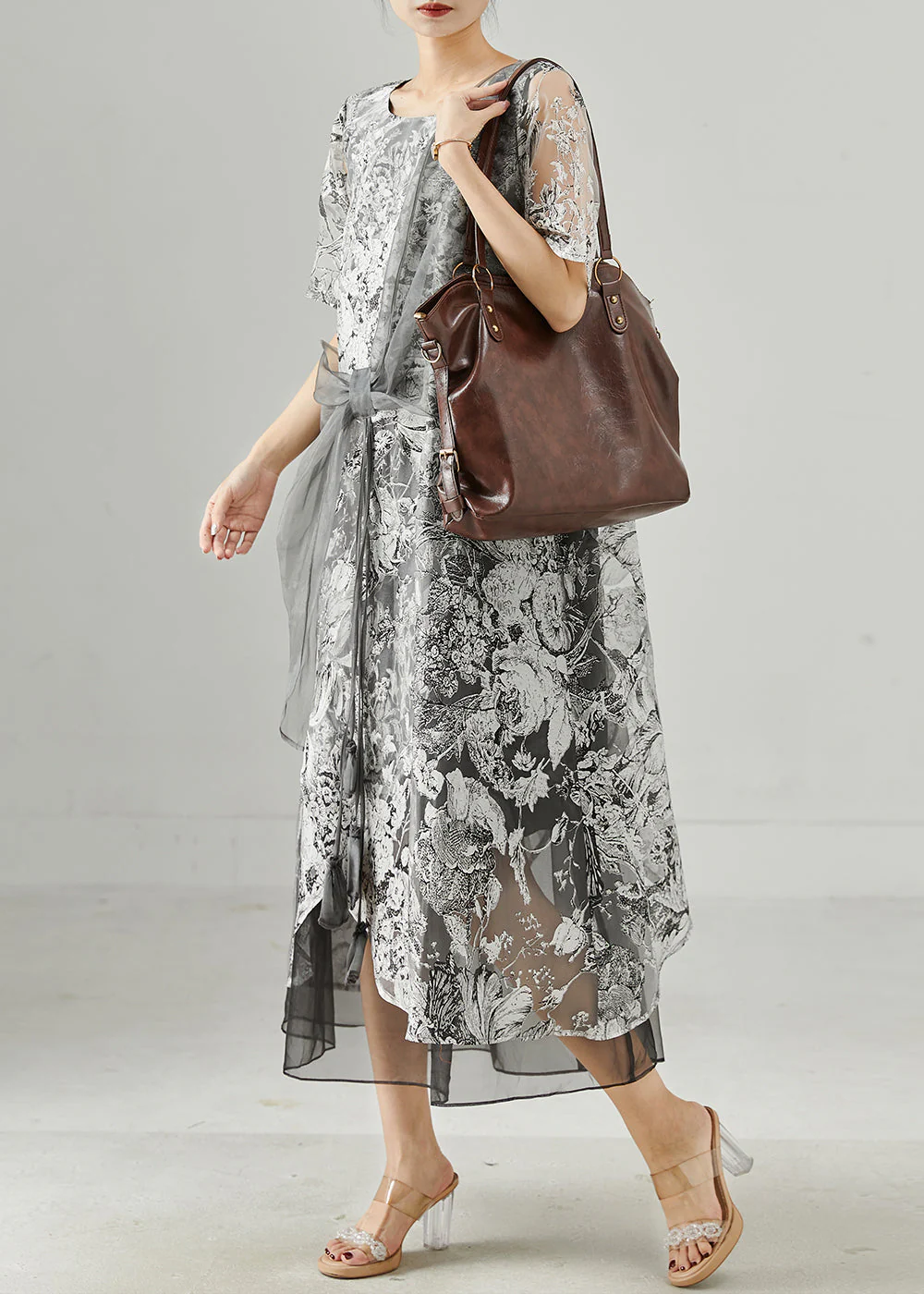 Casual Grey Print Tulle Vacation Dresses Summer - Image 3