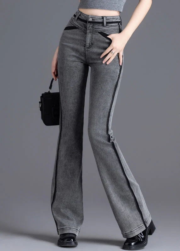 Casual Grey Silm Fit Patchwork Denim Bell-bottom Trousers Spring