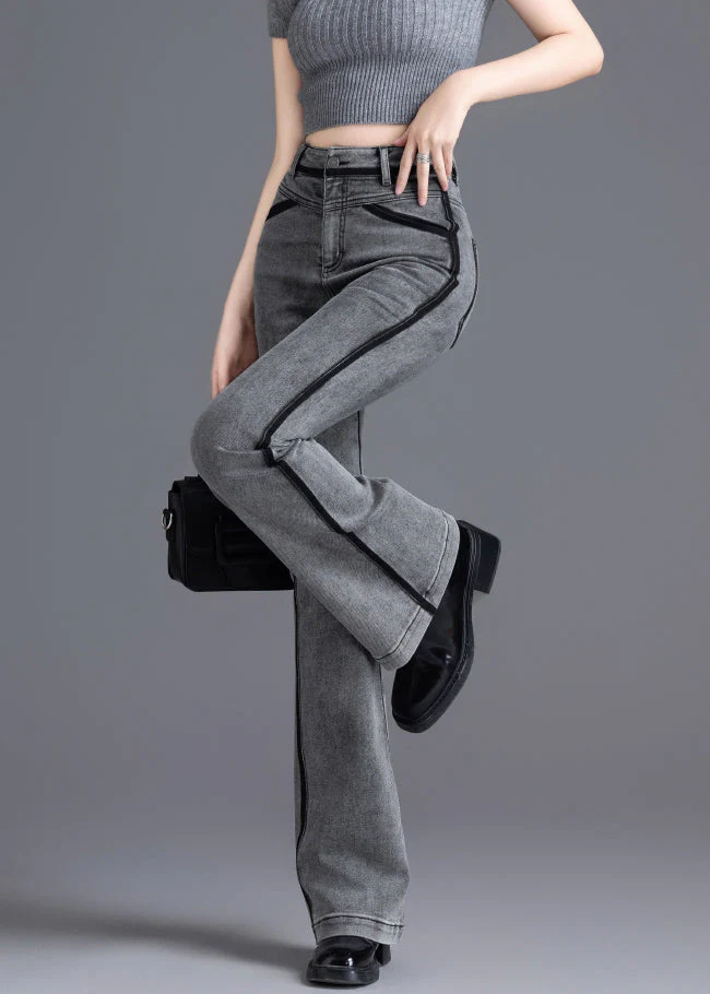 Casual Grey Silm Fit Patchwork Denim Bell-bottom Trousers Spring - Image 2