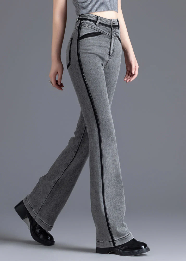 Casual Grey Silm Fit Patchwork Denim Bell-bottom Trousers Spring - Image 3
