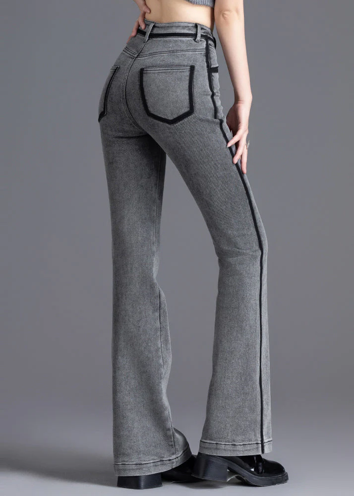 Casual Grey Silm Fit Patchwork Denim Bell-bottom Trousers Spring - Image 4