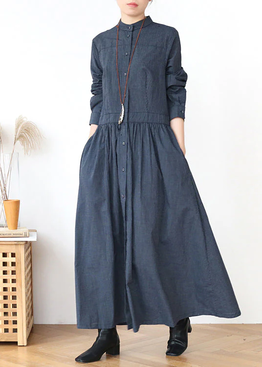 Casual Grey Stand Collar Striped Cotton Shirts Dress Spring - Image 2