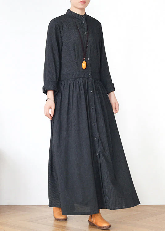 Casual Grey Stand Collar Striped Cotton Shirts Dress Spring - Image 3