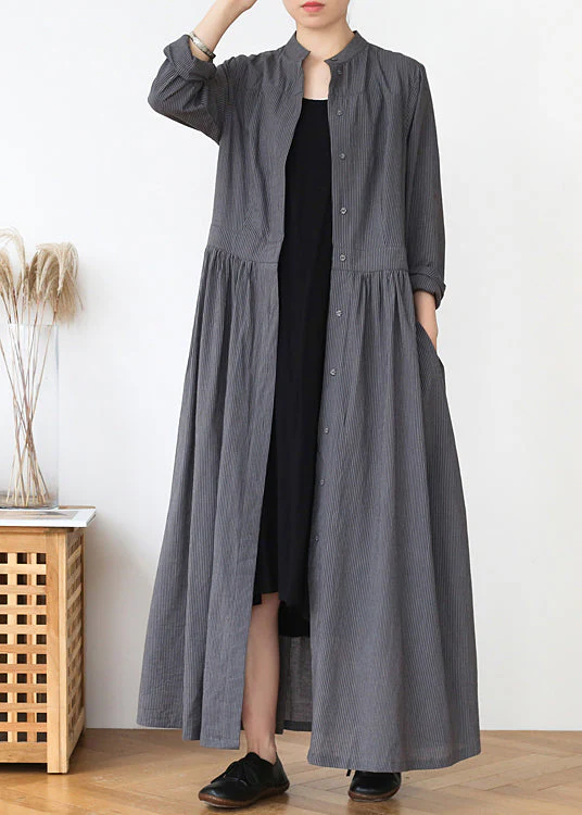 Casual Grey Stand Collar Striped Cotton Shirts Dress Spring - Image 4