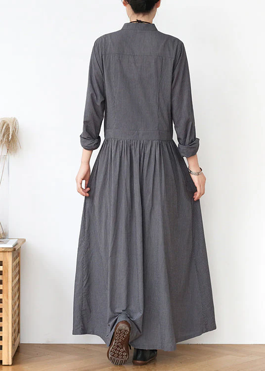 Casual Grey Stand Collar Striped Cotton Shirts Dress Spring - Image 5