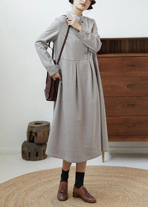 Casual Grey Stand Collar Wrinkled Patchwork Cotton Dresses Fall - Image 2