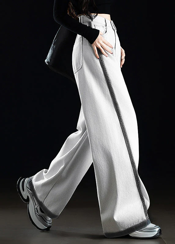 Casual Grey White Pockets Patchwork Denim Wide Leg Pants Spring